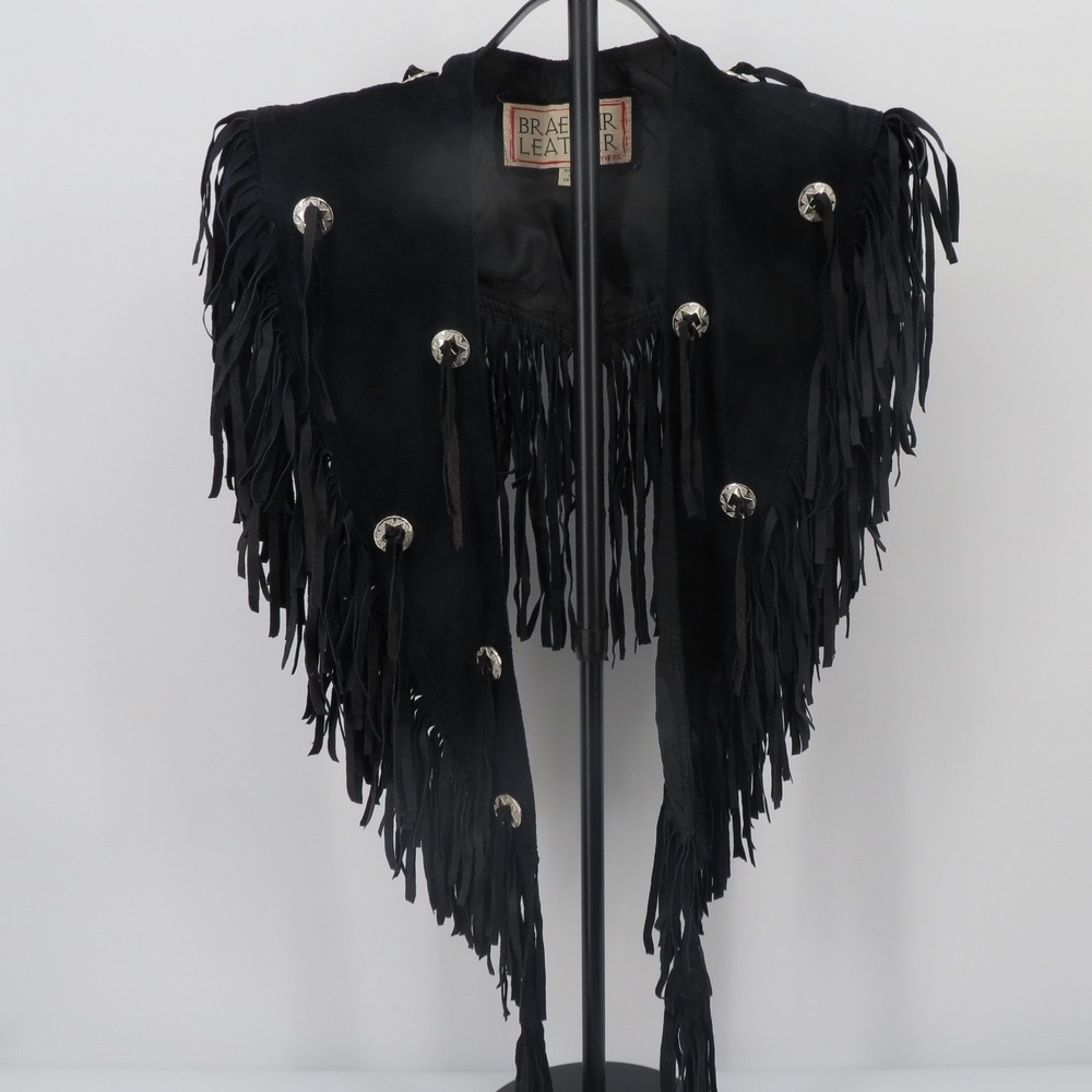 Vintage 80s/90s Black Suede Fringe Shawl Capelet  Western Concho Women's Size M